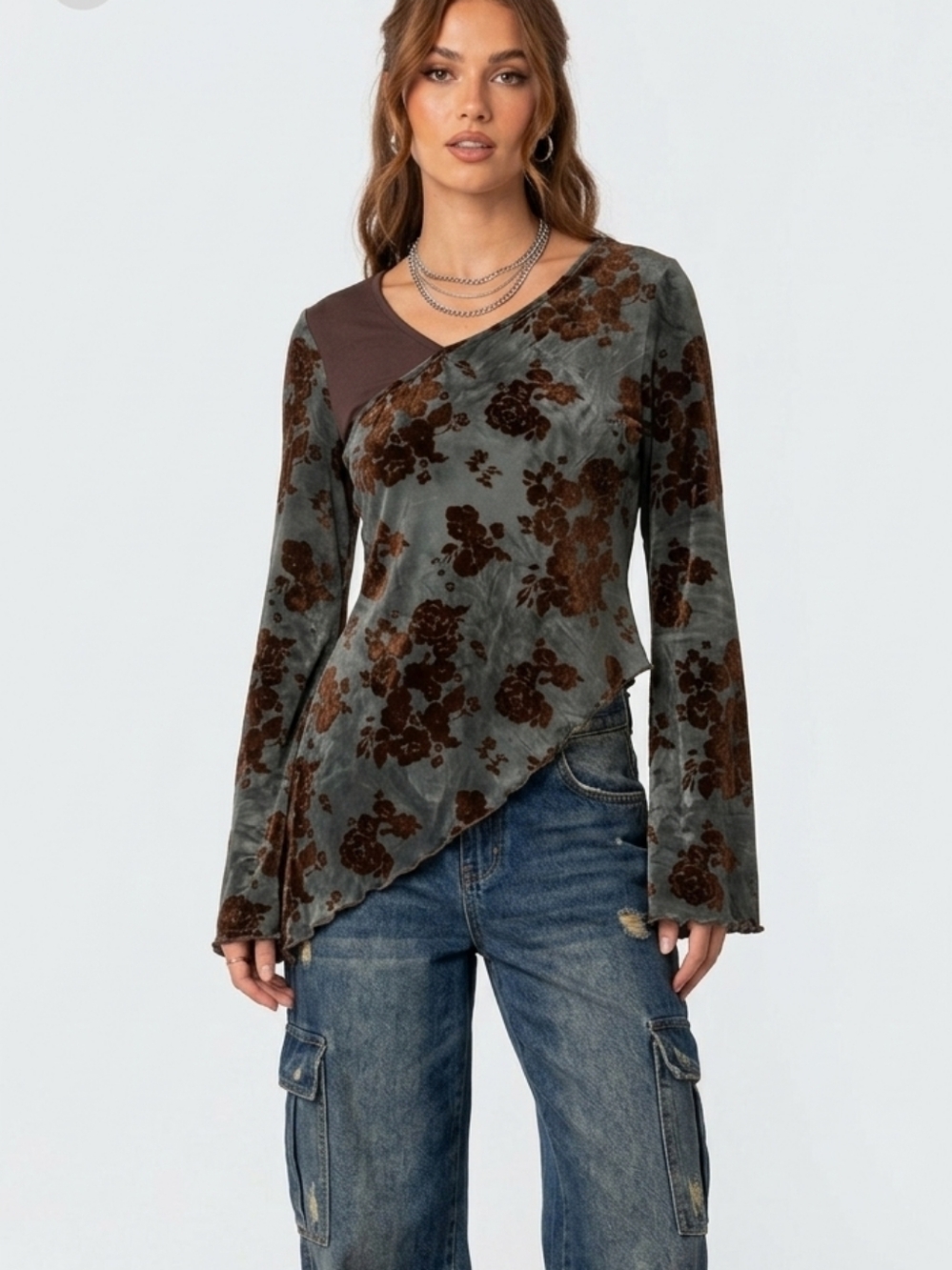 Y2K Asymmetrical Hem Velvet Burnout Green Floral Top Bell Sleeve Whimsigoth M